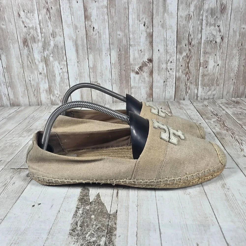 Tory Burch Tan Canvas Logo Espadrille Flats Womens Size 9.5 Beige Slip On Shoes